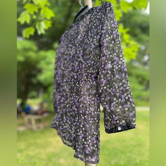 Aeropostale Sheer Flowered Juniors S Blouse 3/4 Sleeve Top Iridescent Buttons - Picture 8 of 10